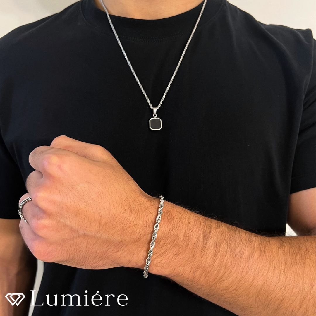 Lumiére שרשרת אבן שחורה לגבר | כסף Lumiére כסף תליון תכשיטים איכותיים לגבר